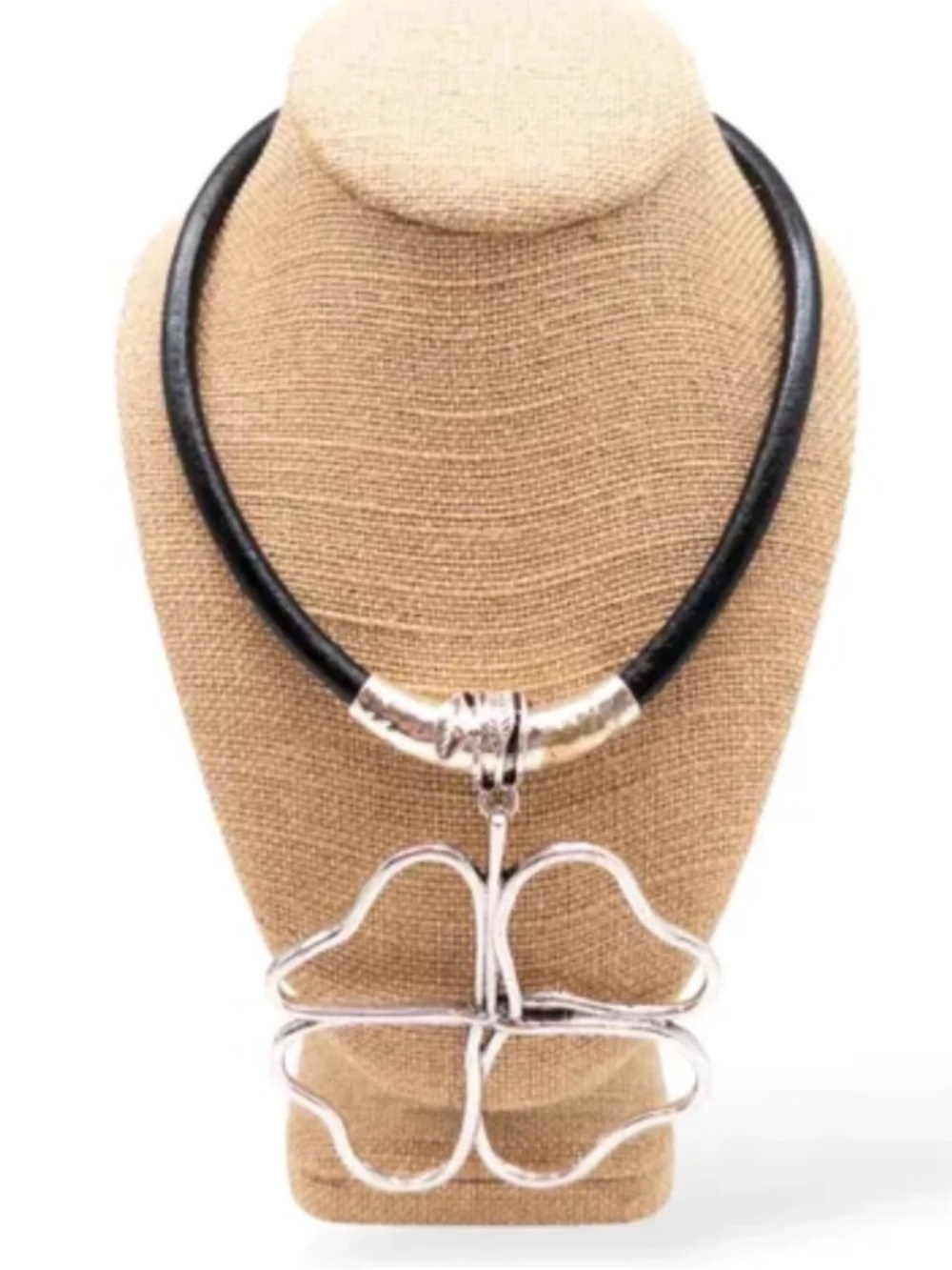 New Large Silver Clover Pendant Necklace - Black Leather Cord Magnetic Closure